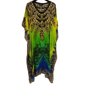 Asa Kaftans Womens Neon Green Jewel Print V-Neck Maxi Dress XL Resort‎ Bohemian